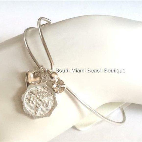 Nursing RN Caduceus Charm Bracelet Silver Plated Heart Graduation Gift - Picture 3 of 8